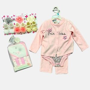 Baby 24m 3 piece 1st Impressions Pink Outfit. Socks /Headbands,Towel/wash cloth